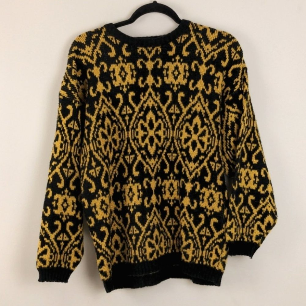 Vintage Black & Yellow  Mosaic Unique Print Knit Oversized Sweater sz Large